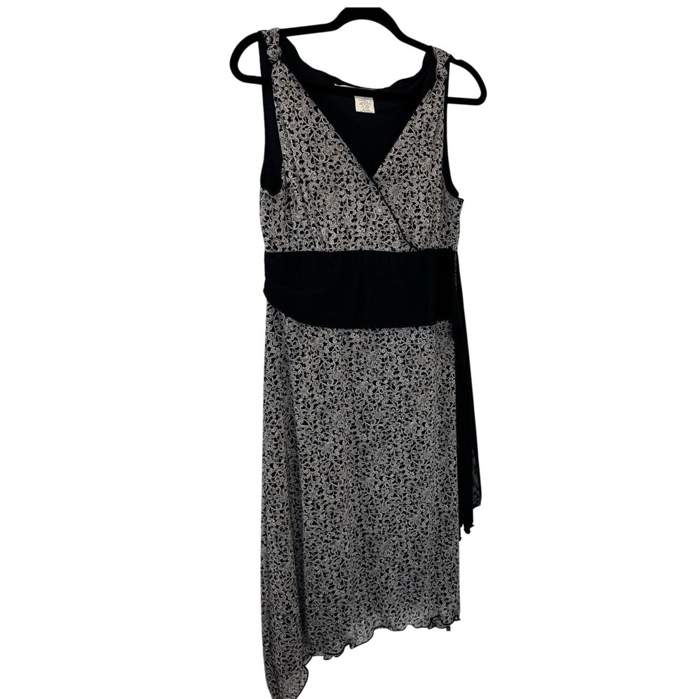 Max Studio Black White Floral Print Asymmetrical Hem Midi Dress Women Size M
